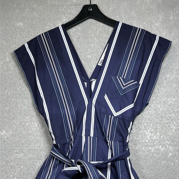 Zara Midi Limited Edition Dress Womens Size Small Navy Blue Striped Godet - Picture 2 of 10